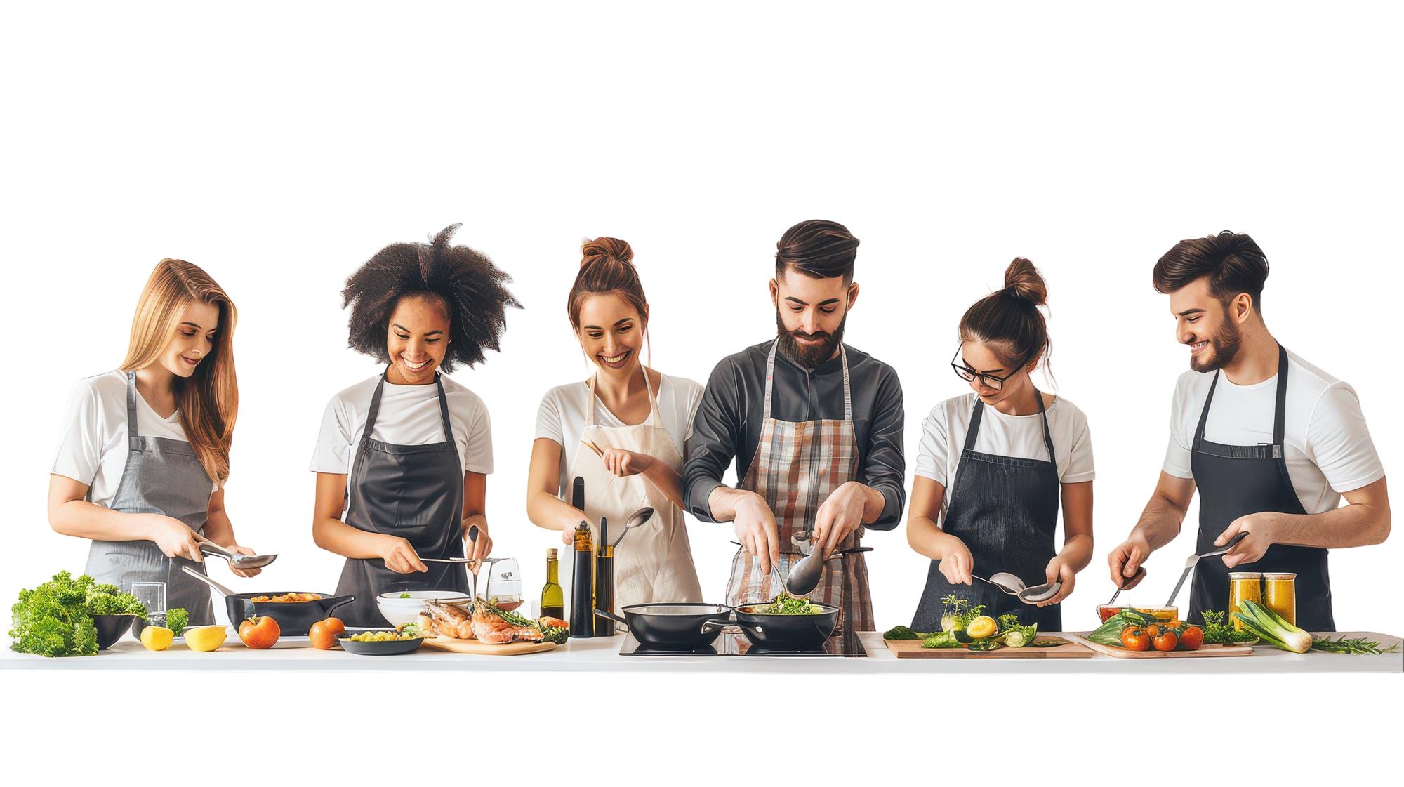 Students cooking together in a small online workshop